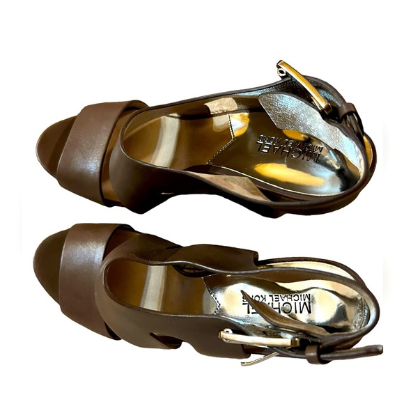 MICHAEL Michael Kors Carla Brown Leather Platform Sandals Size 9.5M - Picture 1 of 9